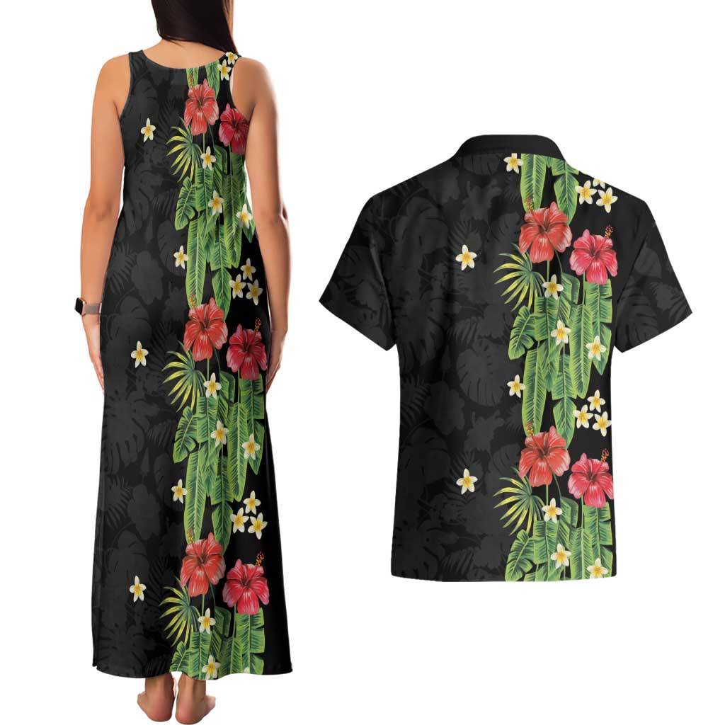 Hawaiian Hibiscus Plumeria Couples Matching Tank Maxi Dress and Hawaiian Shirt Tropical Leaves