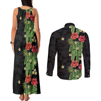 Hawaiian Hibiscus Plumeria Couples Matching Tank Maxi Dress and Long Sleeve Button Shirt Tropical Leaves