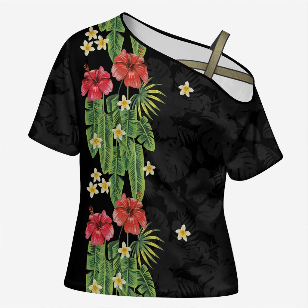 Hawaiian Hibiscus Plumeria Cross Shoulder Shirt Tropical Leaves LT01 Female Black - Polynesian Pride