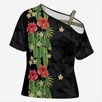 Hawaiian Hibiscus Plumeria Cross Shoulder Shirt Tropical Leaves LT01 Female Black - Polynesian Pride