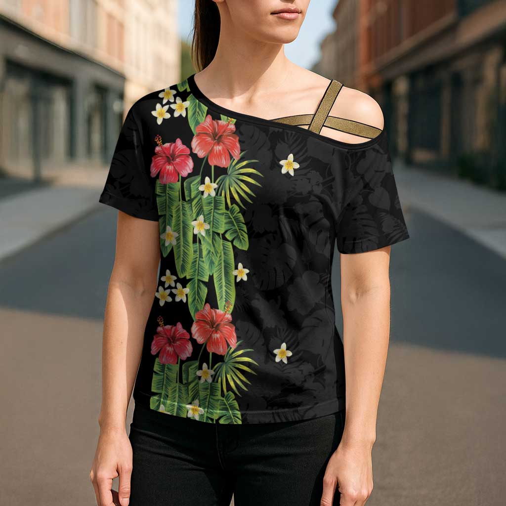 Hawaiian Hibiscus Plumeria Cross Shoulder Shirt Tropical Leaves LT01 - Polynesian Pride