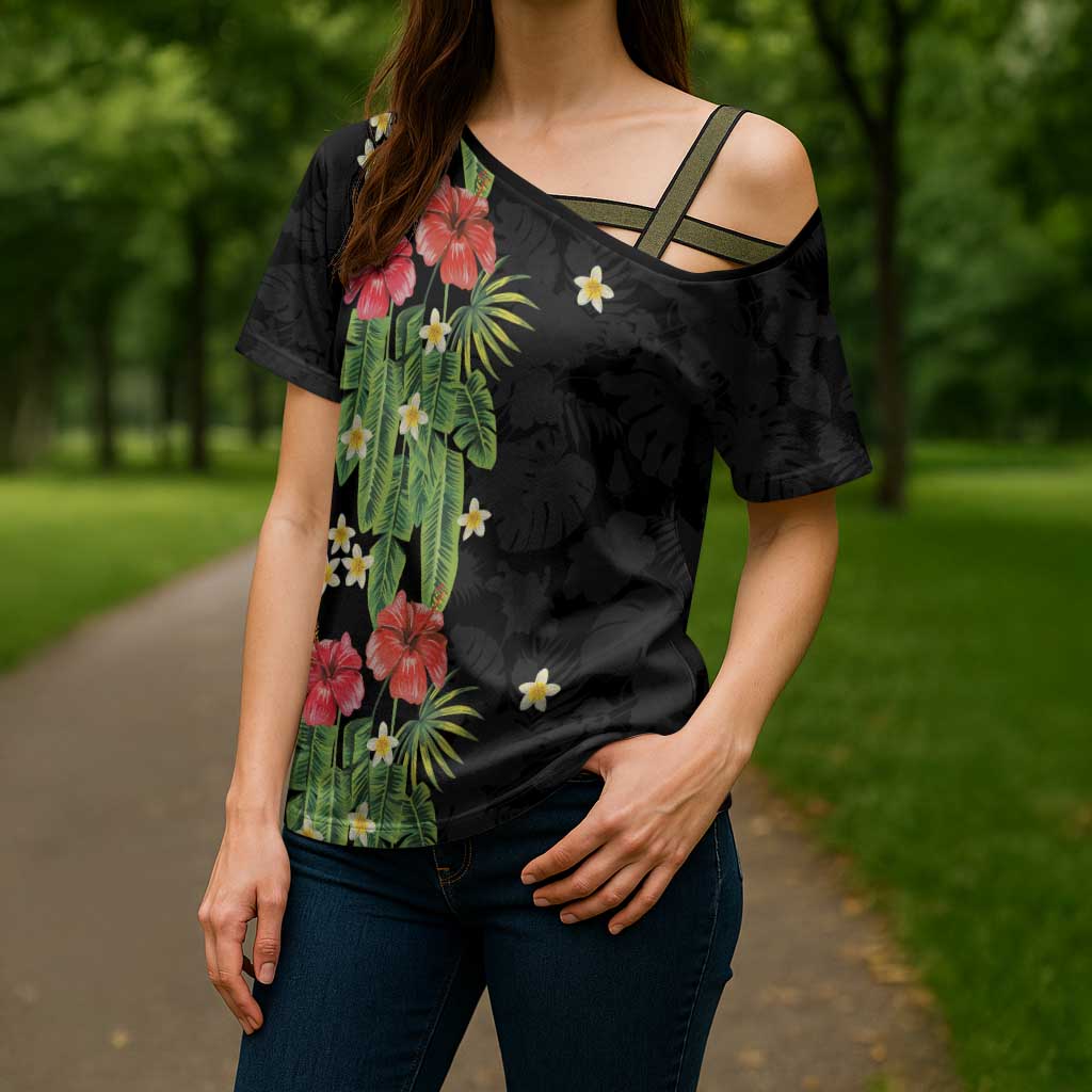 Hawaiian Hibiscus Plumeria Cross Shoulder Shirt Tropical Leaves LT01 - Polynesian Pride