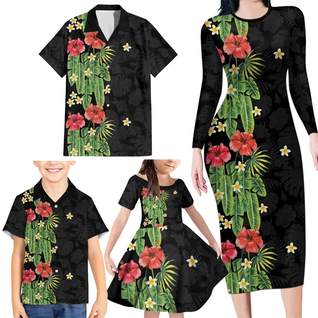 Hawaiian Hibiscus Plumeria Family Matching Long Sleeve Bodycon Dress and Hawaiian Shirt Tropical Leaves LT01 - Polynesian Pride