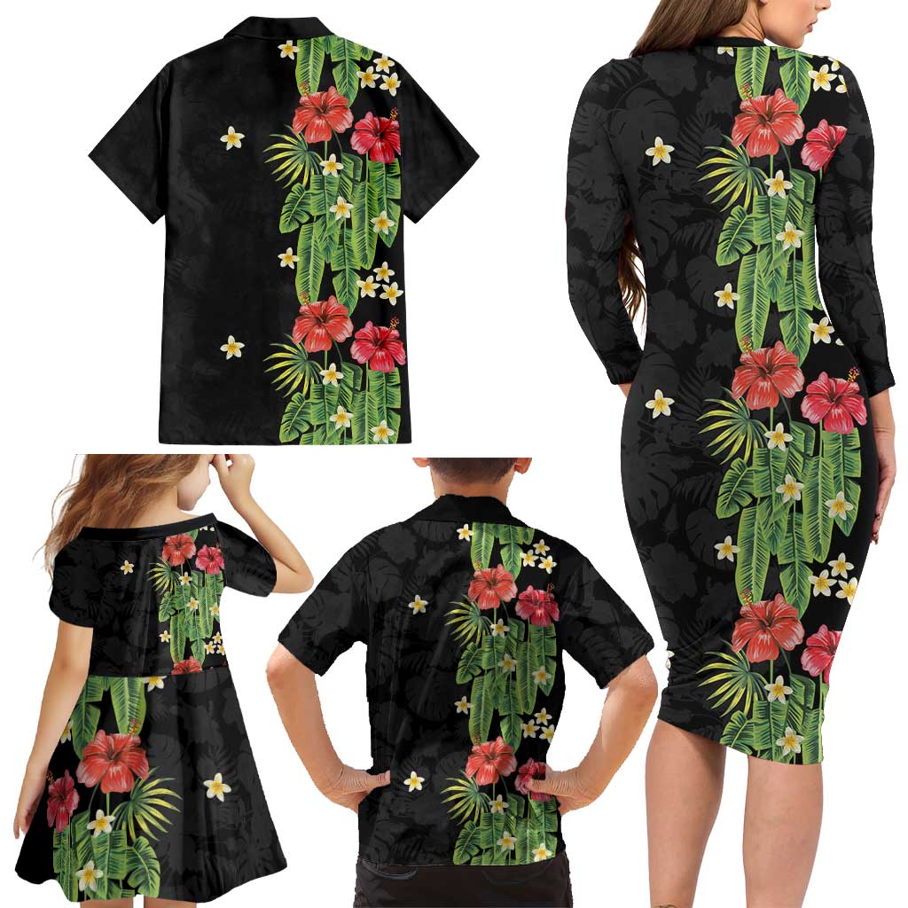 Hawaiian Hibiscus Plumeria Family Matching Long Sleeve Bodycon Dress and Hawaiian Shirt Tropical Leaves LT01 - Polynesian Pride