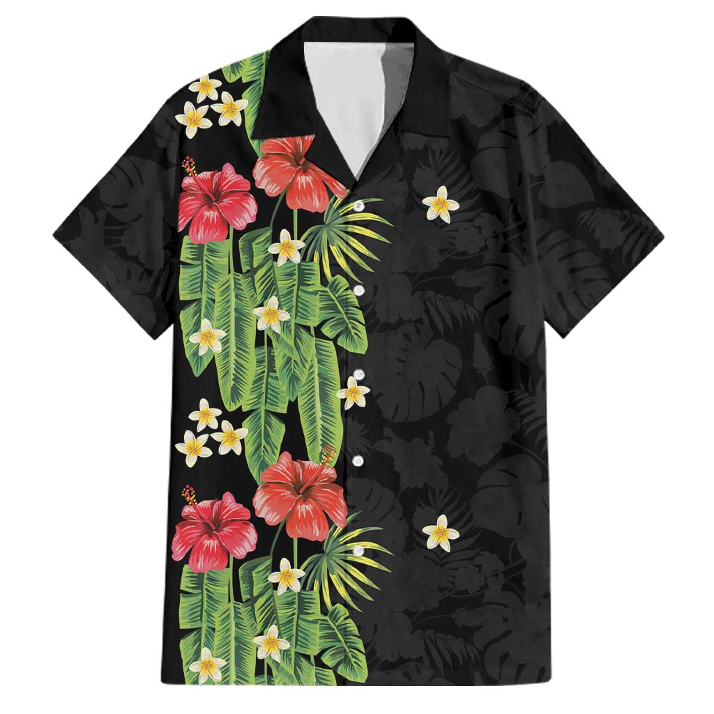 Hawaiian Hibiscus Plumeria Family Matching Long Sleeve Bodycon Dress and Hawaiian Shirt Tropical Leaves LT01 Dad's Shirt - Short Sleeve Black - Polynesian Pride