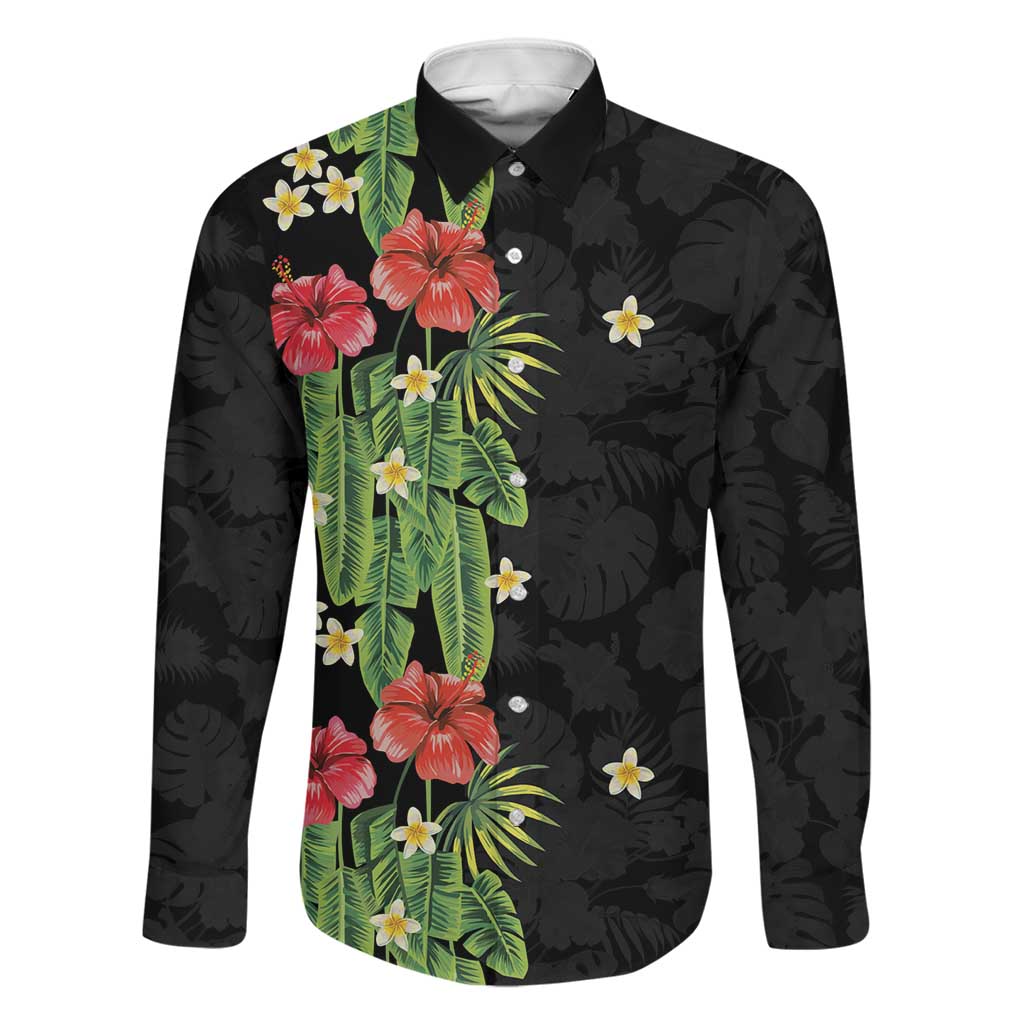 Hawaiian Hibiscus Plumeria Family Matching Long Sleeve Bodycon Dress and Hawaiian Shirt Tropical Leaves LT01 Dad's Shirt - Long Sleeve Black - Polynesian Pride