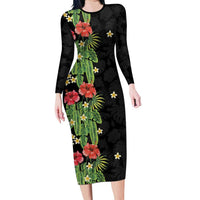 Hawaiian Hibiscus Plumeria Family Matching Long Sleeve Bodycon Dress and Hawaiian Shirt Tropical Leaves LT01 Mom's Dress Black - Polynesian Pride