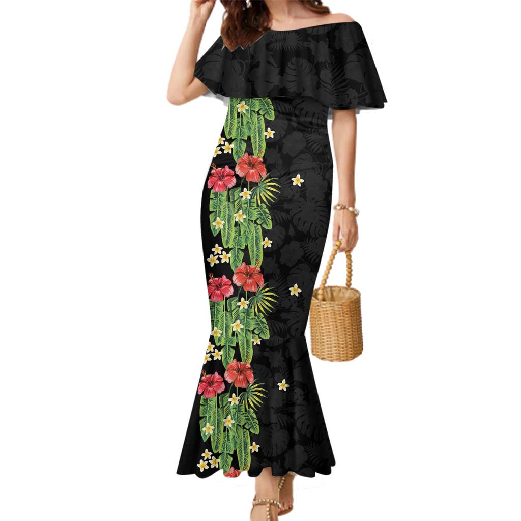 Hawaiian Hibiscus Plumeria Family Matching Mermaid Dress and Hawaiian Shirt Tropical Leaves