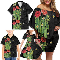 Hawaiian Hibiscus Plumeria Family Matching Off Shoulder Short Dress and Hawaiian Shirt Tropical Leaves