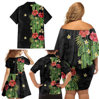 Hawaiian Hibiscus Plumeria Family Matching Off Shoulder Short Dress and Hawaiian Shirt Tropical Leaves