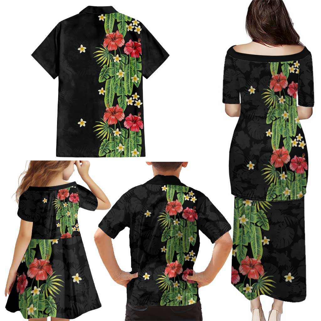 Hawaiian Hibiscus Plumeria Family Matching Puletasi and Hawaiian Shirt Tropical Leaves