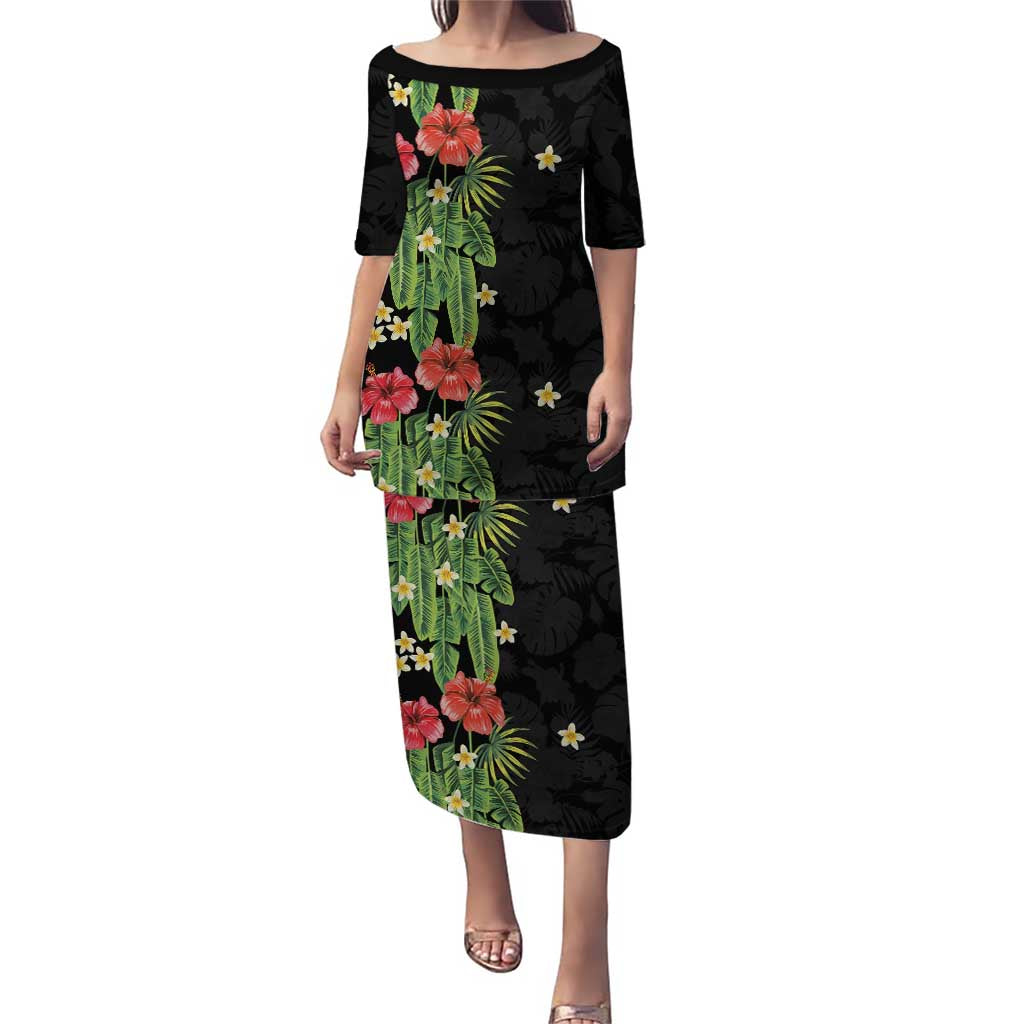 Hawaiian Hibiscus Plumeria Family Matching Puletasi and Hawaiian Shirt Tropical Leaves