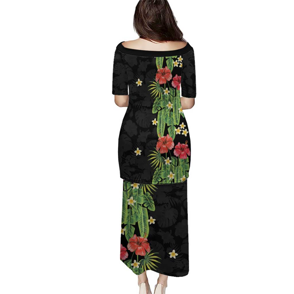 Hawaiian Hibiscus Plumeria Family Matching Puletasi and Hawaiian Shirt Tropical Leaves
