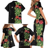 Hawaiian Hibiscus Plumeria Family Matching Short Sleeve Bodycon Dress and Hawaiian Shirt Tropical Leaves