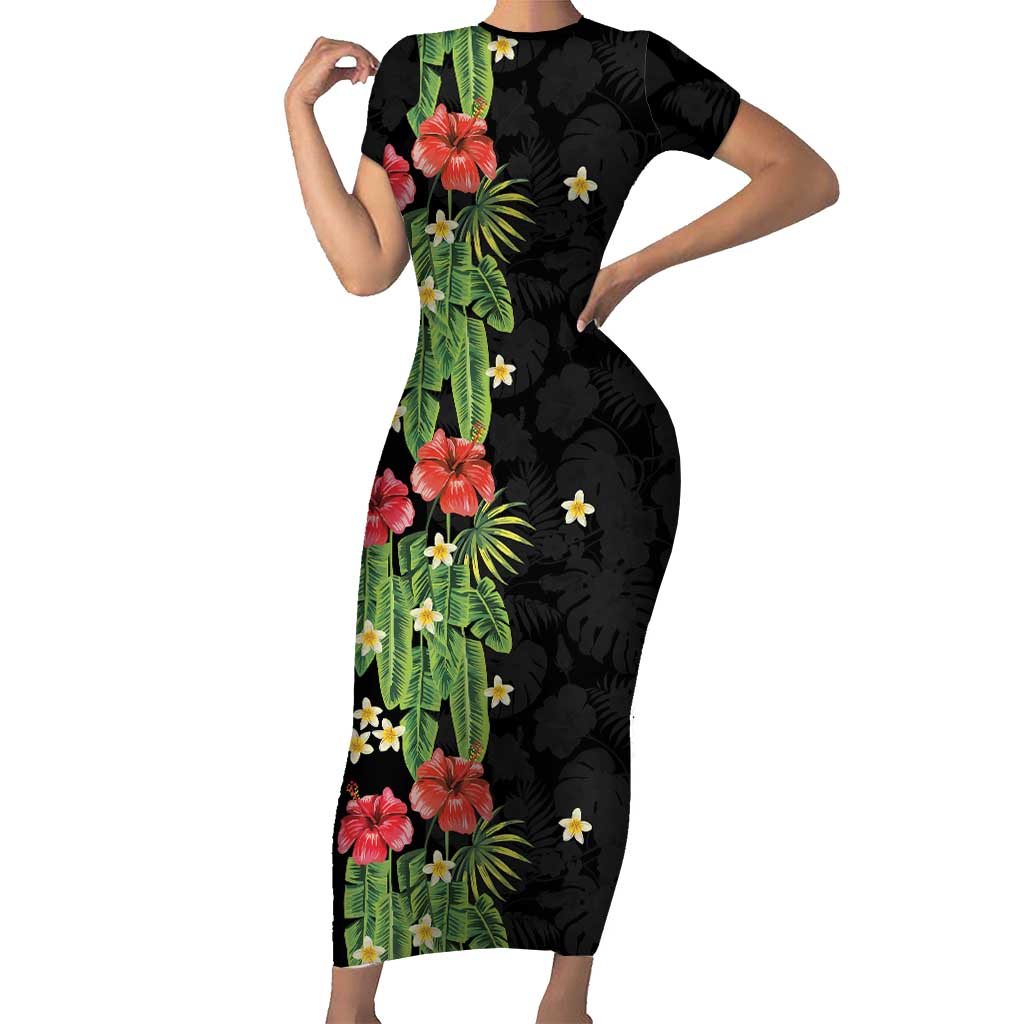 Hawaiian Hibiscus Plumeria Family Matching Short Sleeve Bodycon Dress and Hawaiian Shirt Tropical Leaves