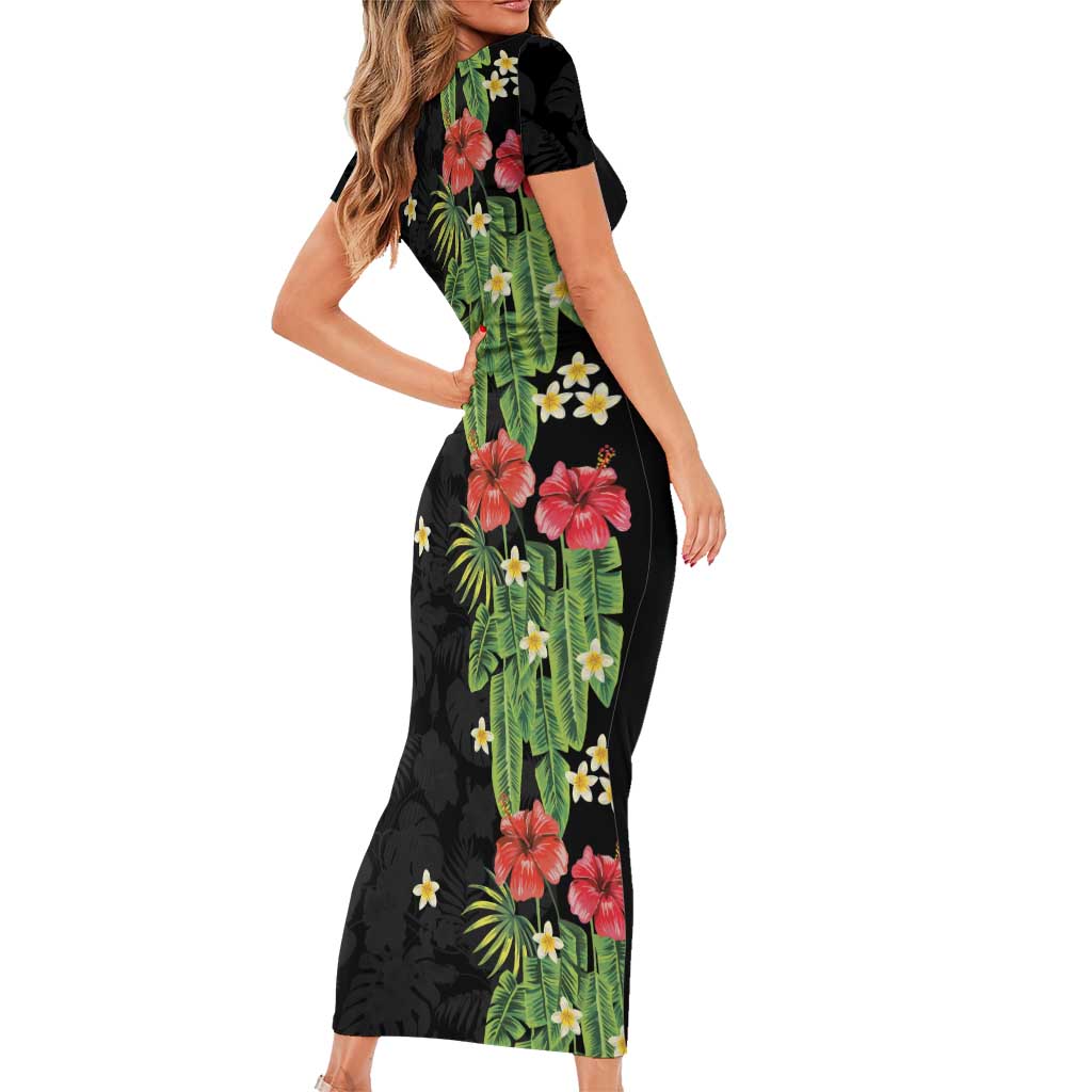 Hawaiian Hibiscus Plumeria Family Matching Short Sleeve Bodycon Dress and Hawaiian Shirt Tropical Leaves