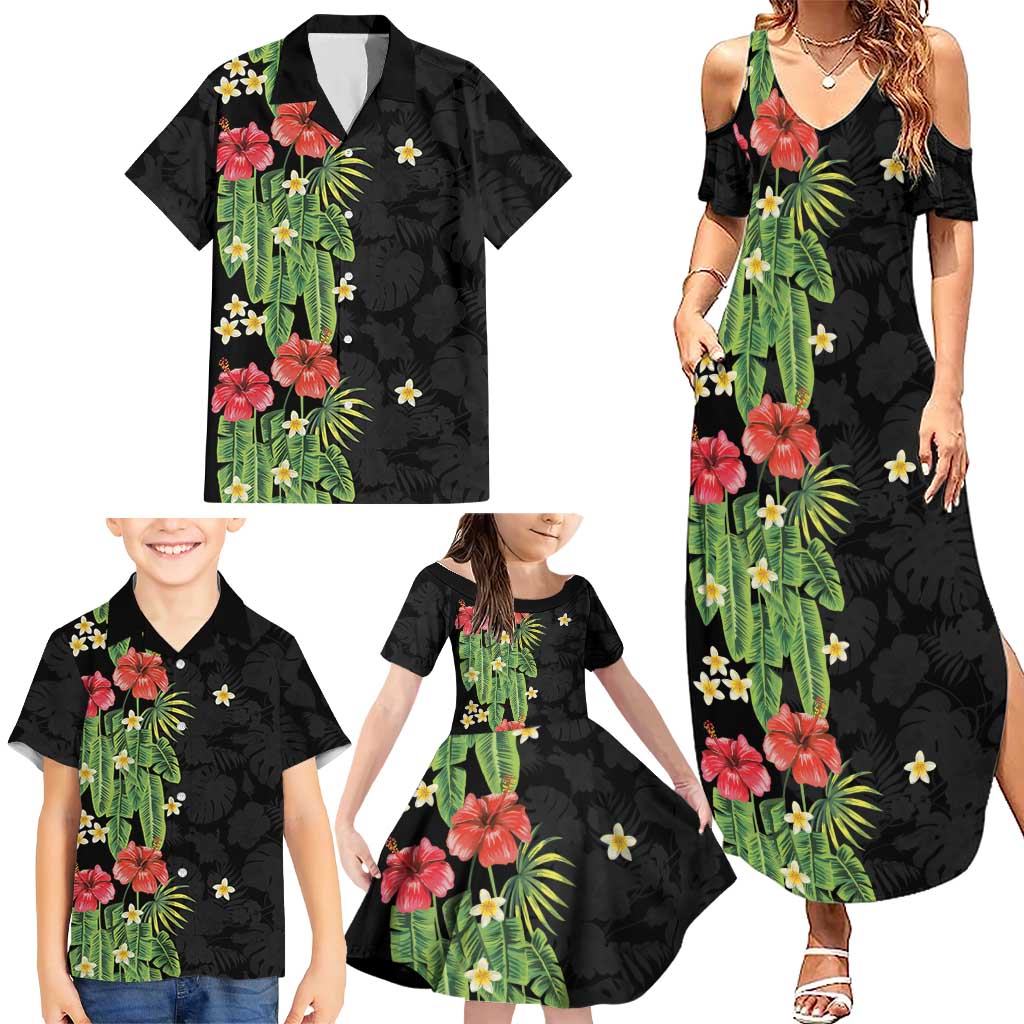 Hawaiian Hibiscus Plumeria Family Matching Summer Maxi Dress and Hawaiian Shirt Tropical Leaves