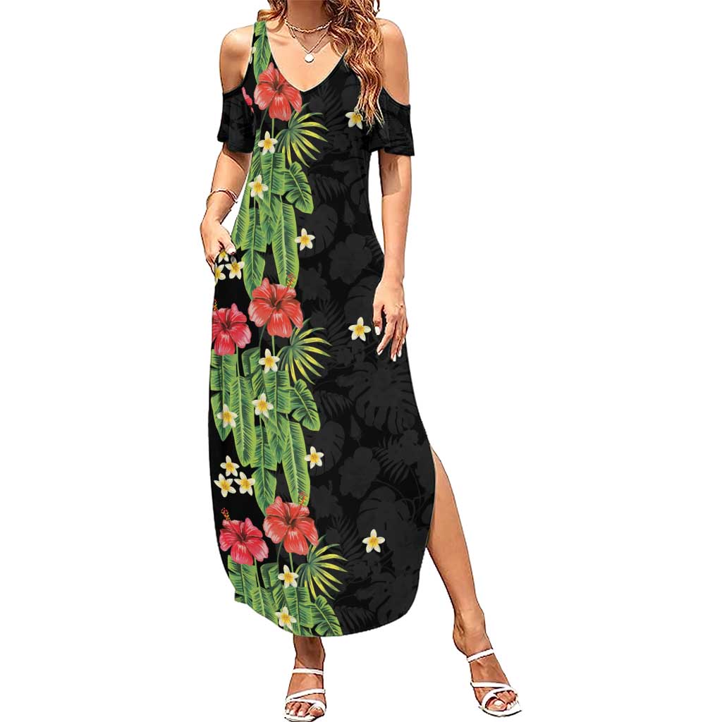 Hawaiian Hibiscus Plumeria Family Matching Summer Maxi Dress and Hawaiian Shirt Tropical Leaves