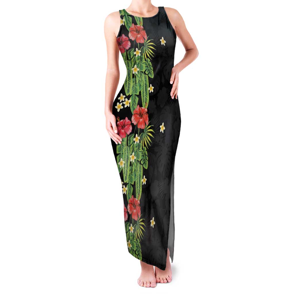 Hawaiian Hibiscus Plumeria Family Matching Tank Maxi Dress and Hawaiian Shirt Tropical Leaves