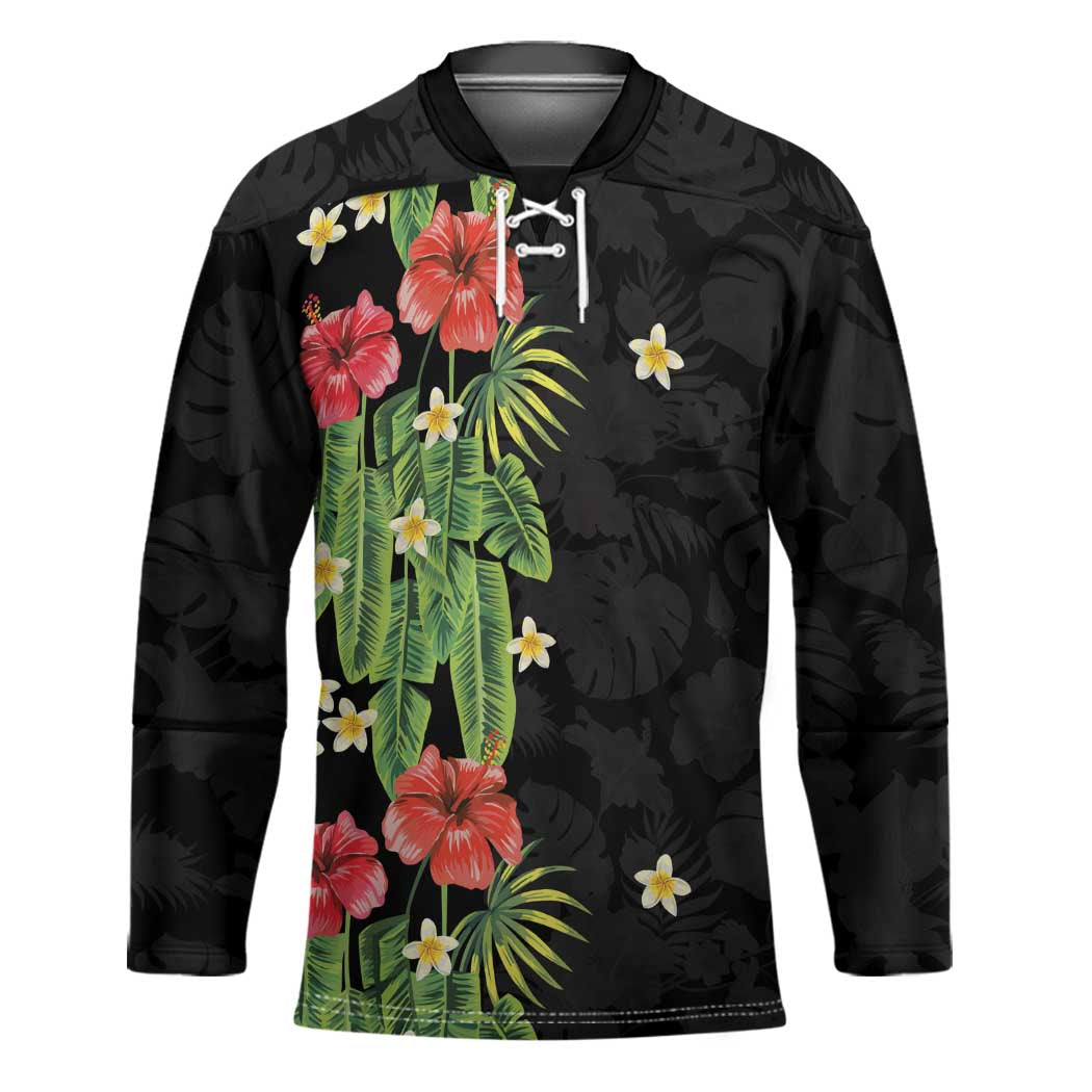 Hawaiian Hibiscus Plumeria Hockey Jersey Tropical Leaves LT01 Unisex Black - Polynesian Pride