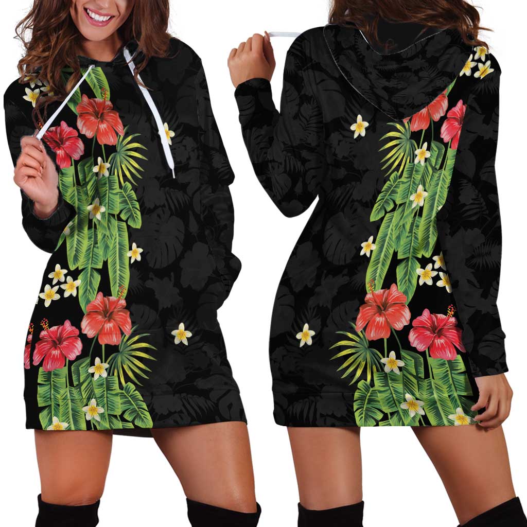Hawaiian Hibiscus Plumeria Hoodie Dress Tropical Leaves