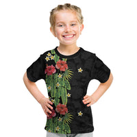 Hawaiian Hibiscus Plumeria Kid T Shirt Tropical Leaves LT01 Black - Polynesian Pride