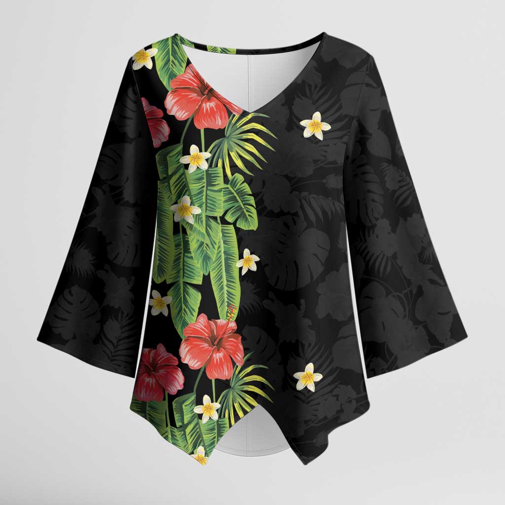 Hawaiian Hibiscus Plumeria Kimono Sleeve Blouse Tropical Leaves