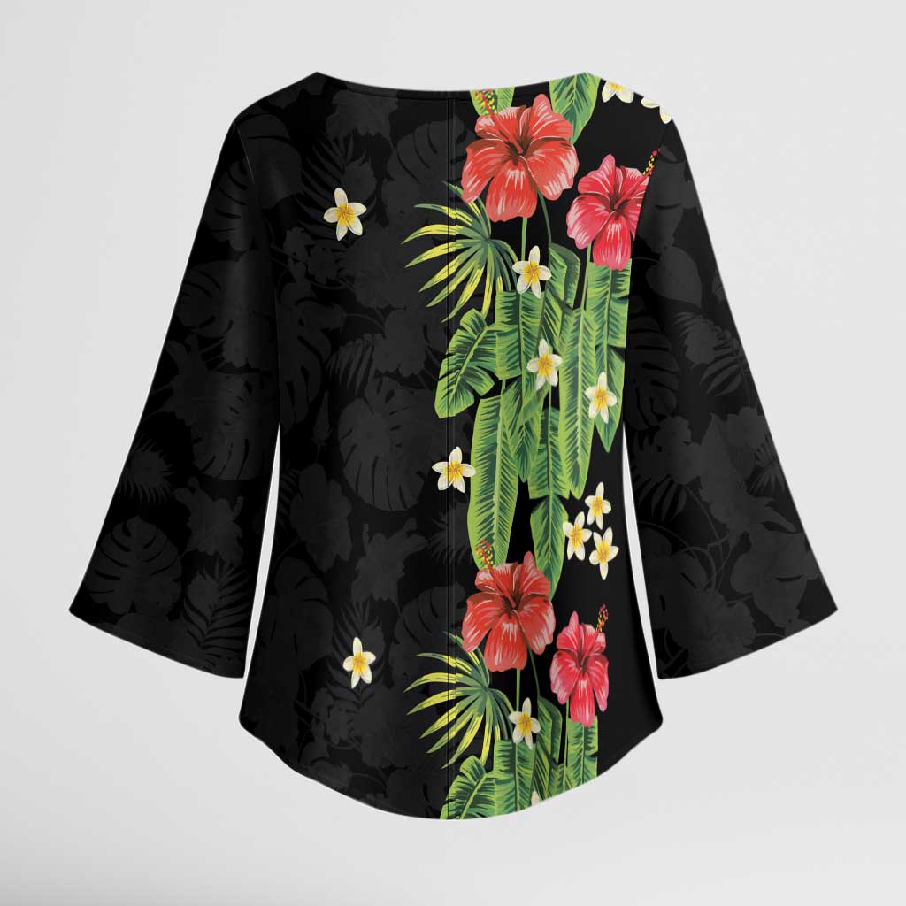 Hawaiian Hibiscus Plumeria Kimono Sleeve Blouse Tropical Leaves