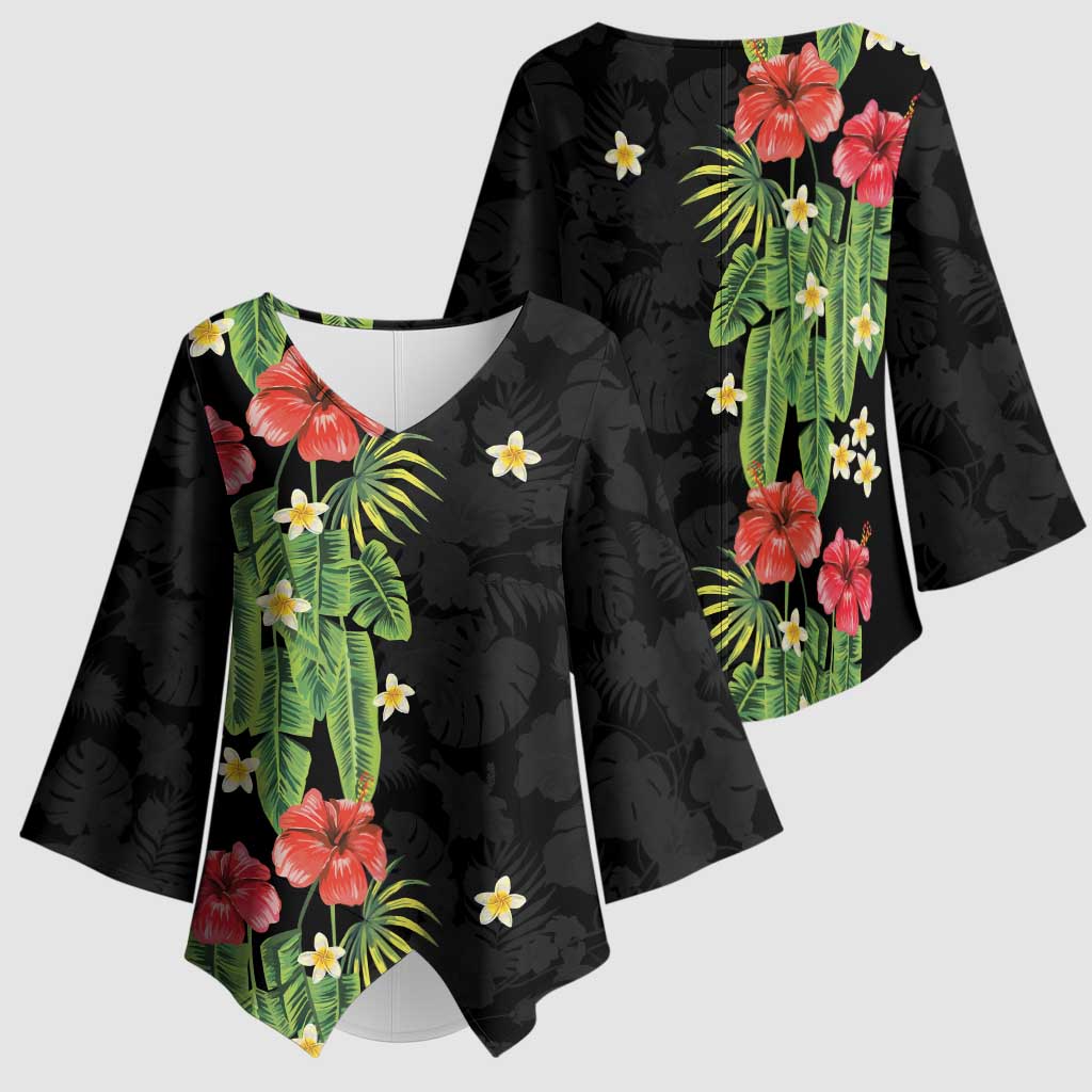Hawaiian Hibiscus Plumeria Kimono Sleeve Blouse Tropical Leaves
