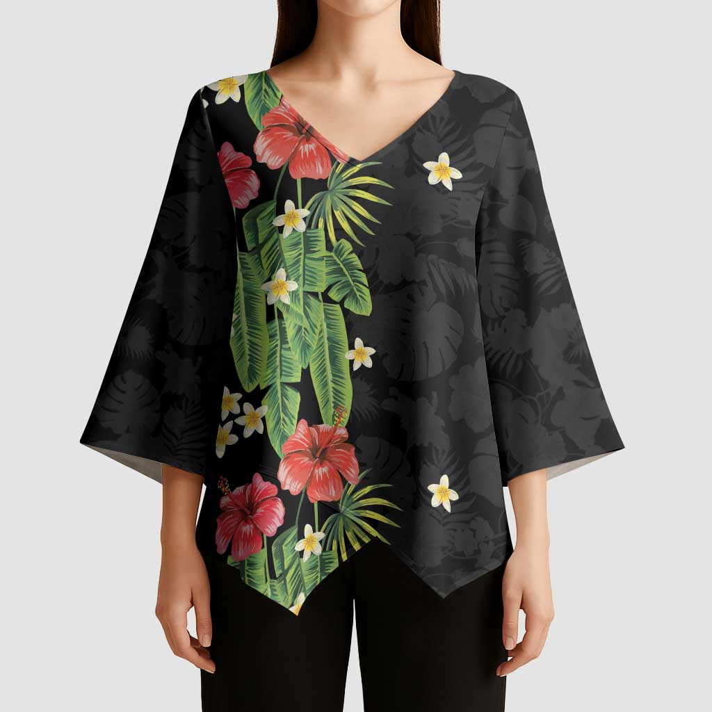 Hawaiian Hibiscus Plumeria Kimono Sleeve Blouse Tropical Leaves