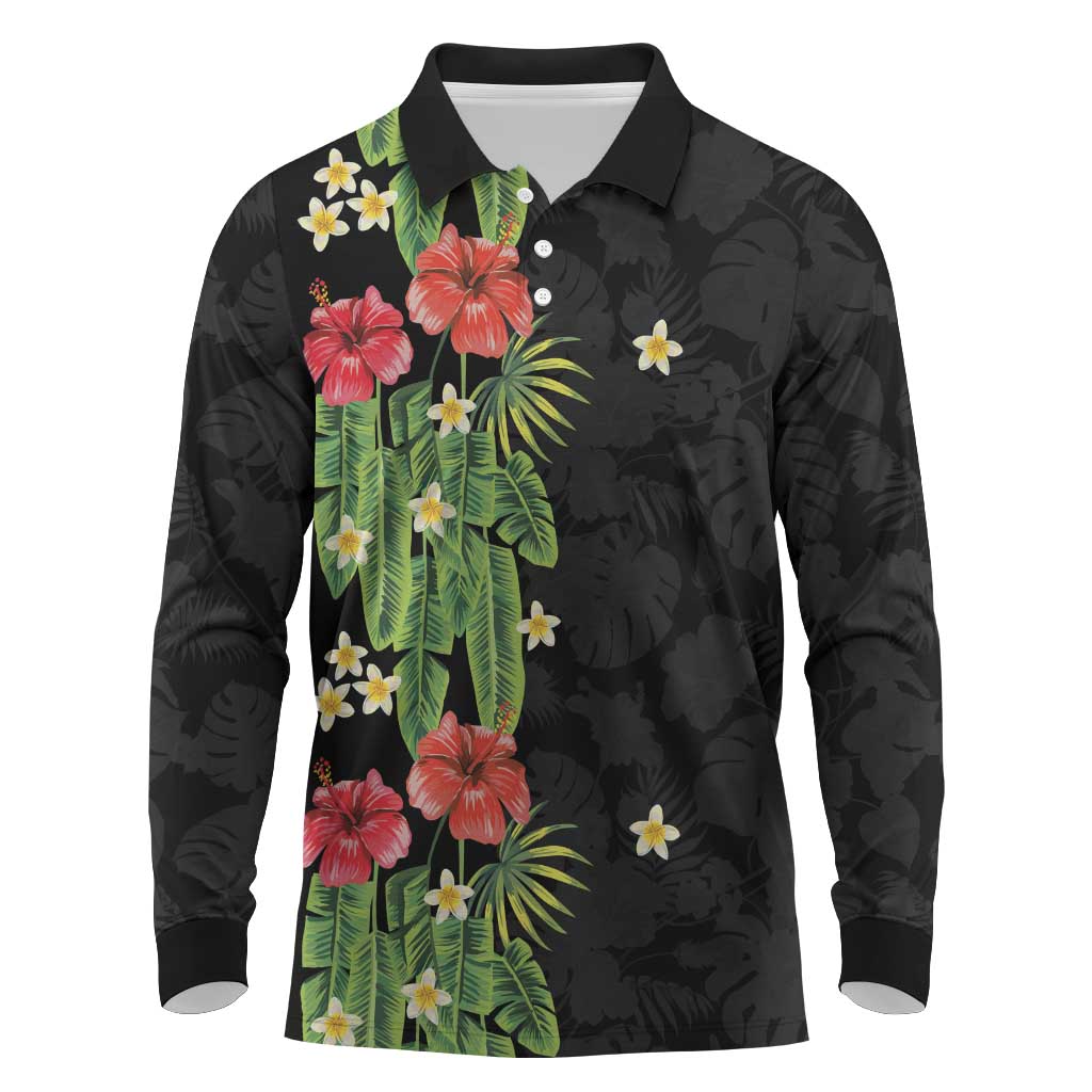 Hawaiian Hibiscus Plumeria Long Sleeve Polo Shirt Tropical Leaves