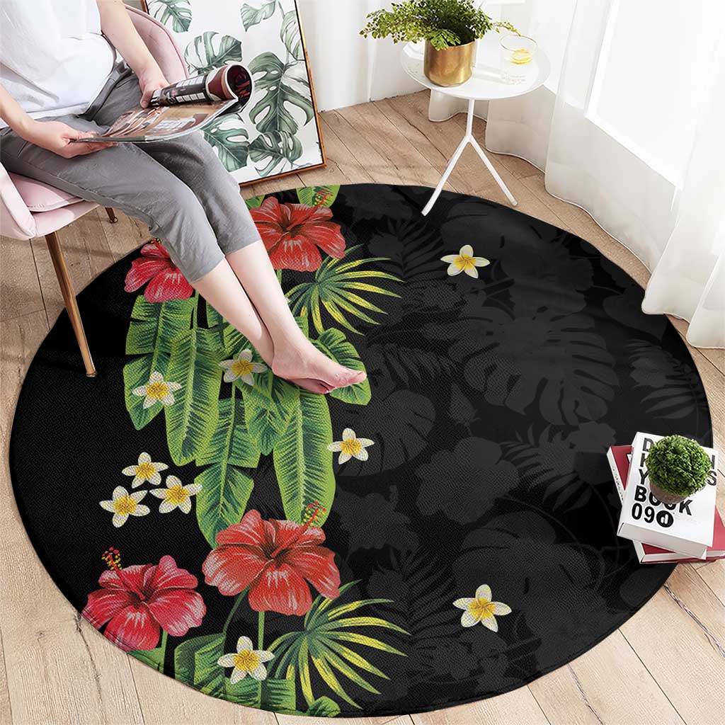 Hawaiian Hibiscus Plumeria Round Carpet Tropical Leaves