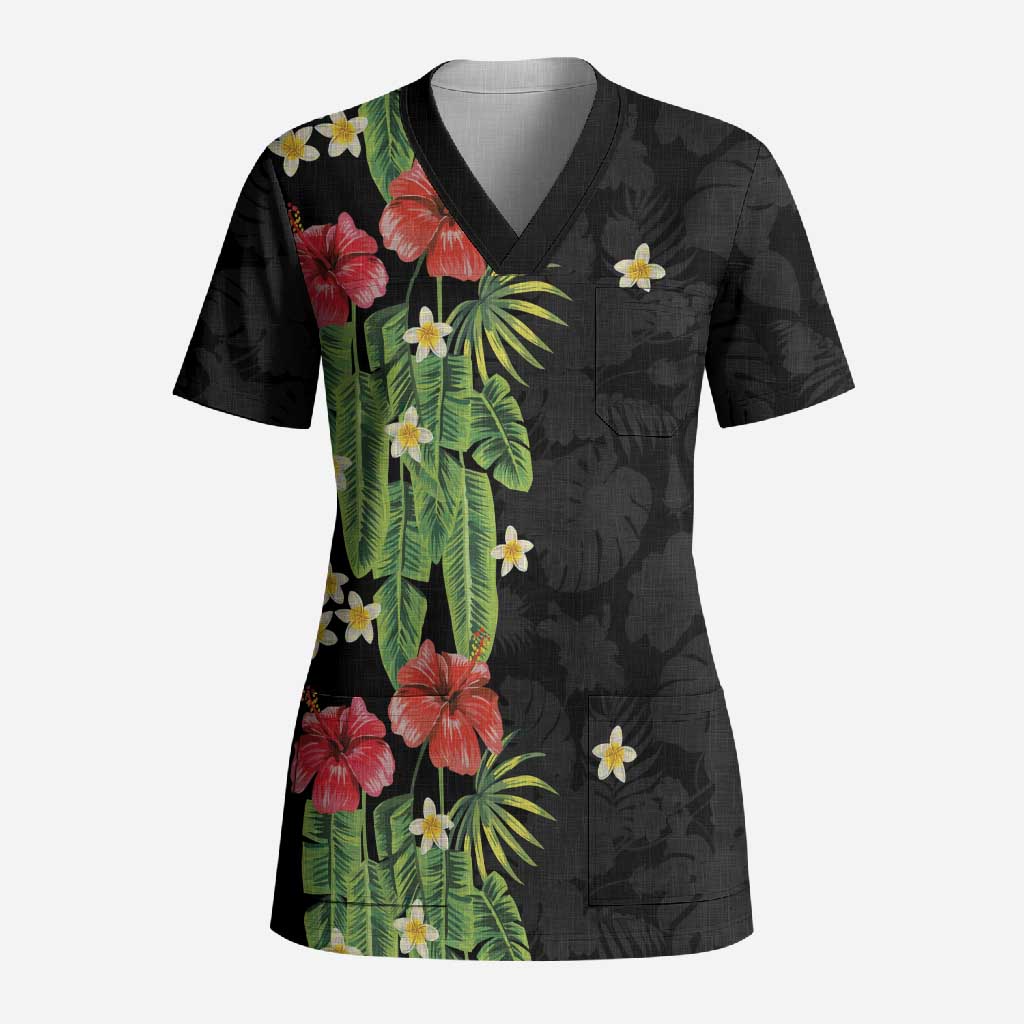 Hawaiian Hibiscus Plumeria Scrub Top Tropical Leaves