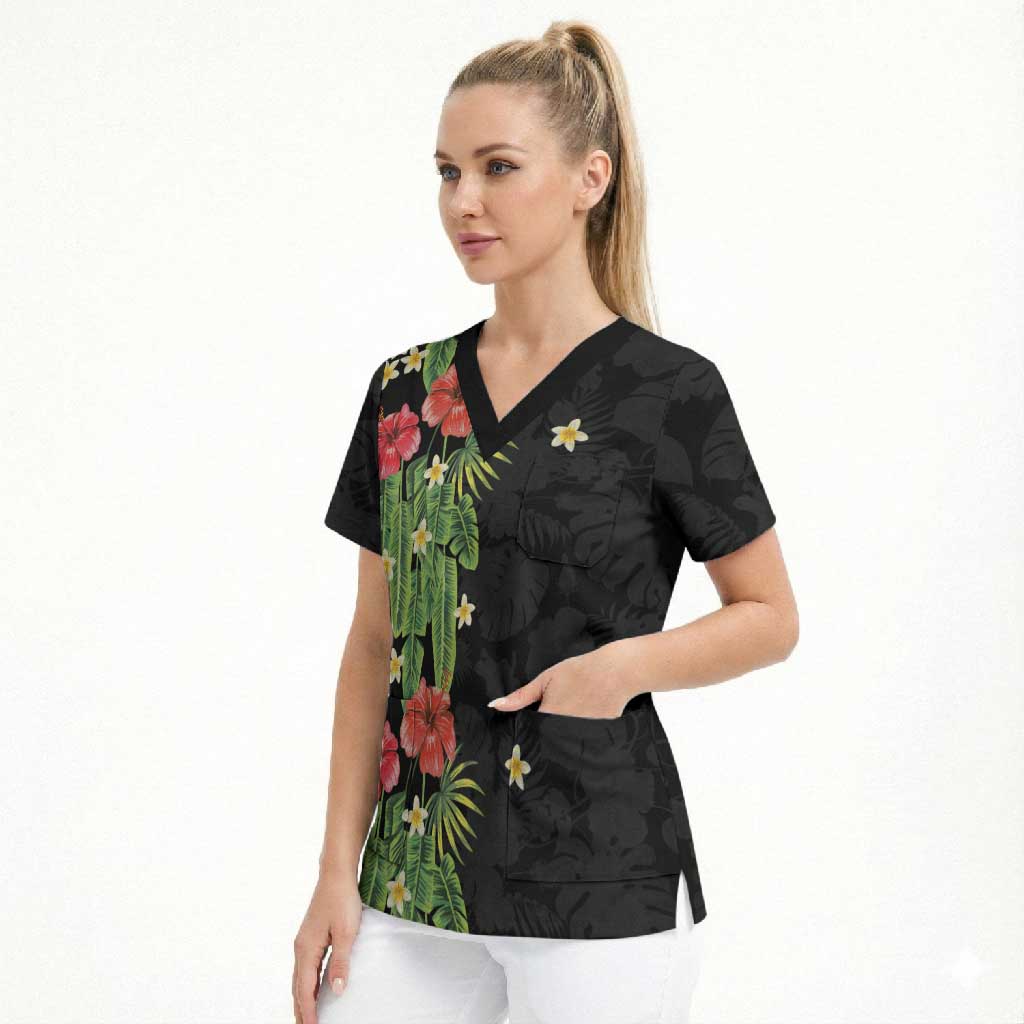 Hawaiian Hibiscus Plumeria Scrub Top Tropical Leaves