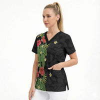 Hawaiian Hibiscus Plumeria Scrub Top Tropical Leaves