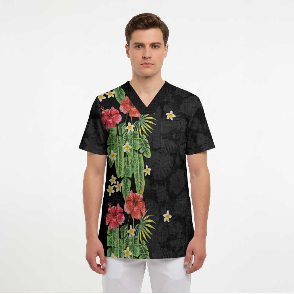 Hawaiian Hibiscus Plumeria Scrub Top Tropical Leaves
