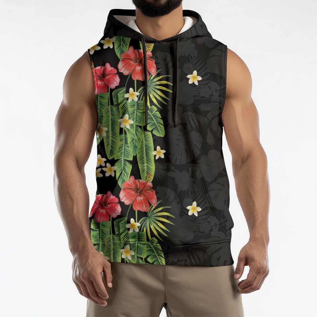 Hawaiian Hibiscus Plumeria Sleeveless Hoodie Tropical Leaves