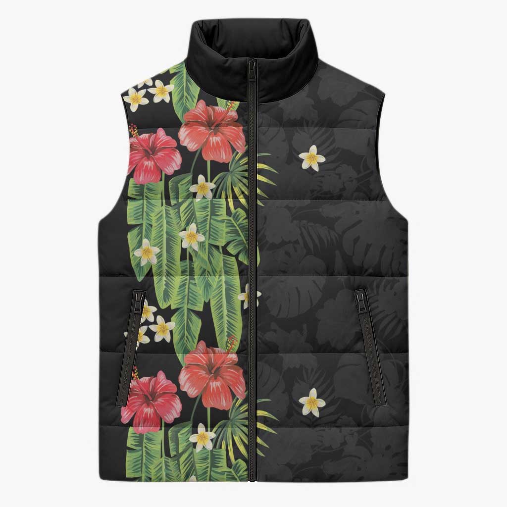 Hawaiian Hibiscus Plumeria Sleeveless Puffer Jacket Tropical Leaves