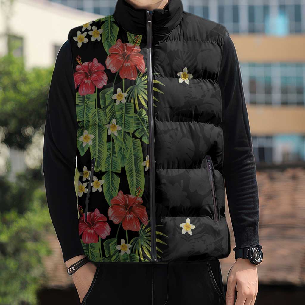 Hawaiian Hibiscus Plumeria Sleeveless Puffer Jacket Tropical Leaves