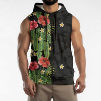 Hawaiian Hibiscus Plumeria Sleeveless Zip Hoodie Tropical Leaves