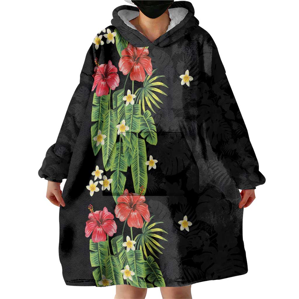 Hawaiian Hibiscus Plumeria Wearable Blanket Hoodie Tropical Leaves