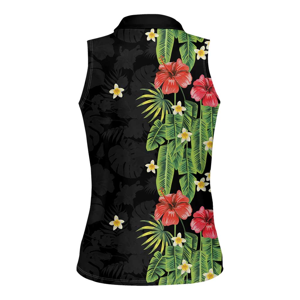 Hawaiian Hibiscus Plumeria Women Sleeveless Polo Shirt Tropical Leaves
