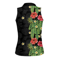 Hawaiian Hibiscus Plumeria Women Sleeveless Polo Shirt Tropical Leaves