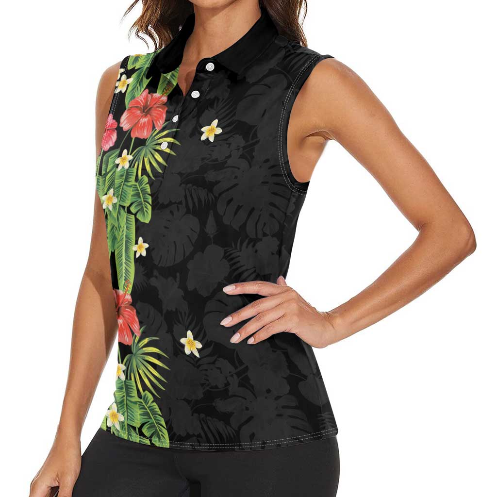 Hawaiian Hibiscus Plumeria Women Sleeveless Polo Shirt Tropical Leaves