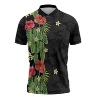 Hawaiian Hibiscus Plumeria Zipper Polo Shirt Tropical Leaves