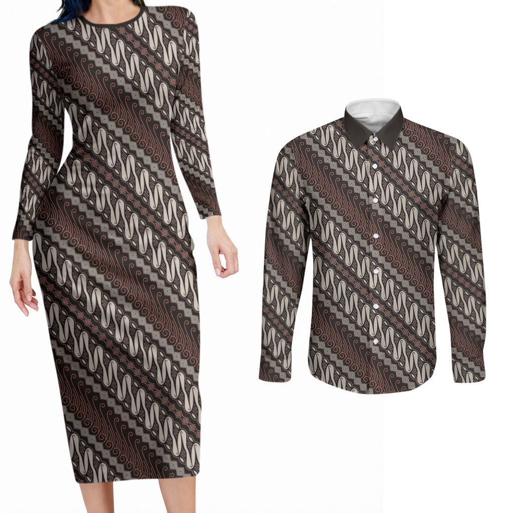 Yogyakarta Parang Batik Motifs Couples Matching Long Sleeve Bodycon Dress and Long Sleeve Button Shirt Indonesian Traditional Pattern LT01 Brown - Polynesian Pride