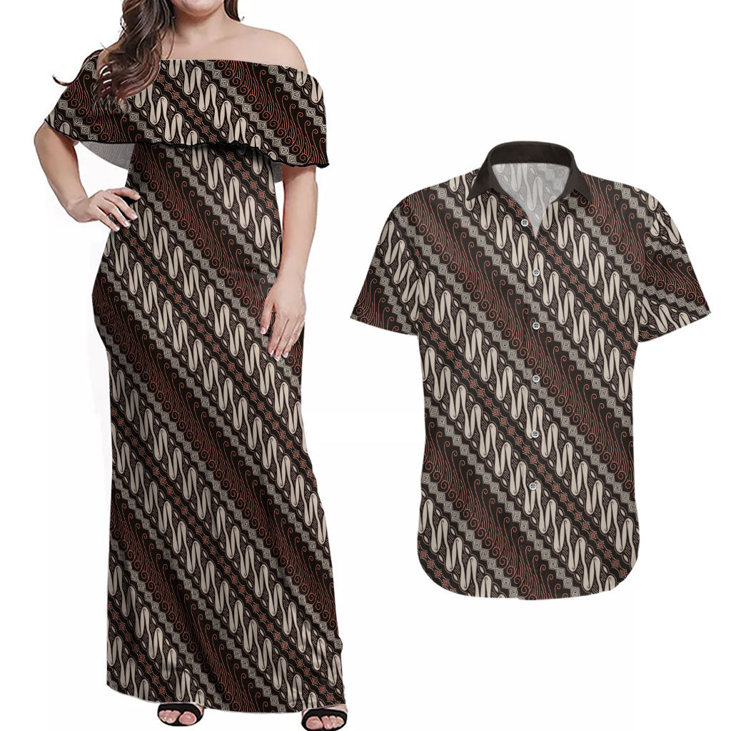 Yogyakarta Parang Batik Motifs Couples Matching Off Shoulder Maxi Dress and Hawaiian Shirt Indonesian Traditional Pattern