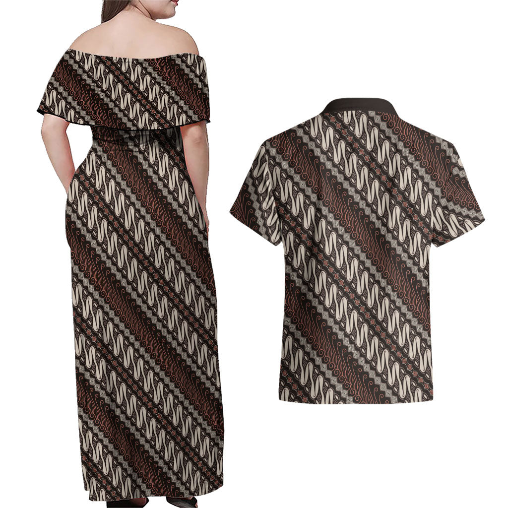 Yogyakarta Parang Batik Motifs Couples Matching Off Shoulder Maxi Dress and Hawaiian Shirt Indonesian Traditional Pattern