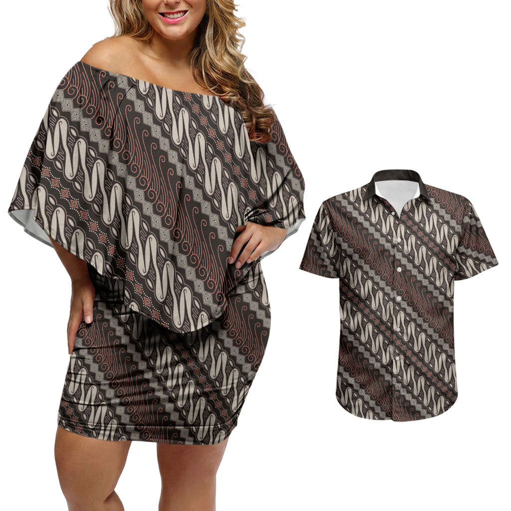 Yogyakarta Parang Batik Motifs Couples Matching Off Shoulder Short Dress and Hawaiian Shirt Indonesian Traditional Pattern LT01 Brown - Polynesian Pride