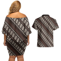 Yogyakarta Parang Batik Motifs Couples Matching Off Shoulder Short Dress and Hawaiian Shirt Indonesian Traditional Pattern